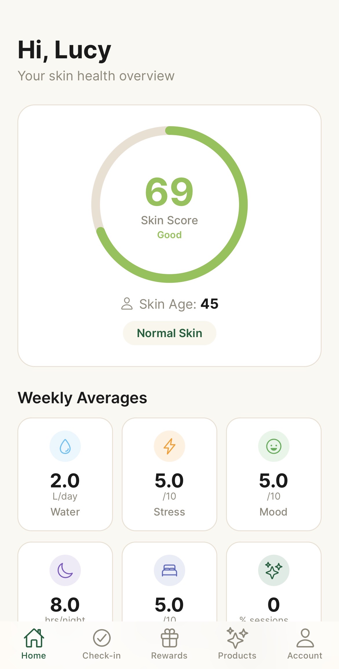 MyNewSkin Dashboard showing Skin Score, Skin Age, and Weekly Averages