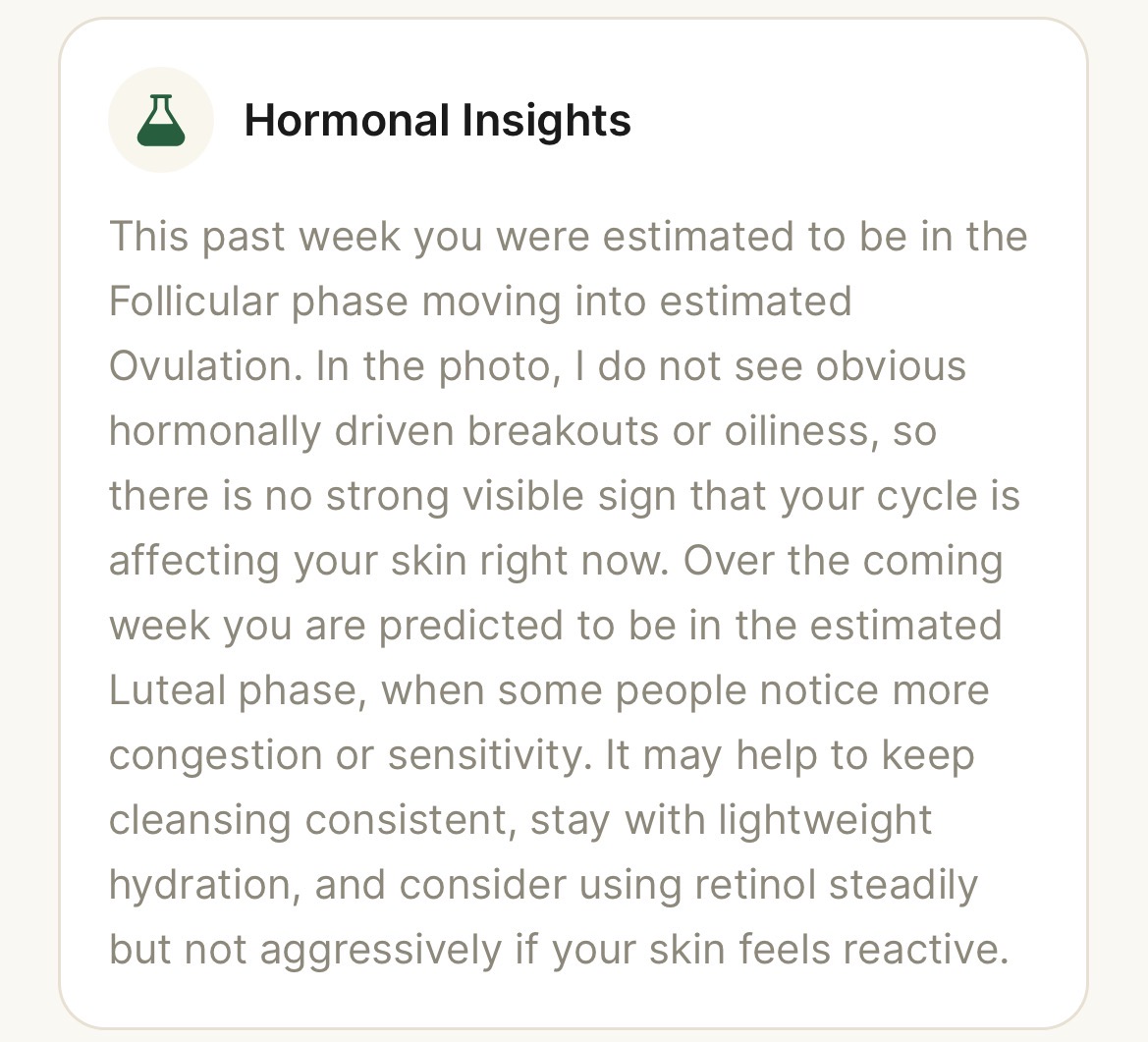 AI Hormonal Insights showing cycle phase skin analysis